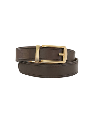 Coneli Belt in Espresso, Classic buckle, OLEATEX olive leather with gold hardware, handcrafted in Portugal